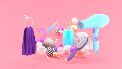 Hairdressing amidst colorful balls on pink background.-3d rendering.