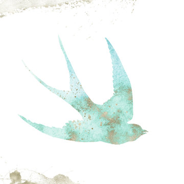 Watercolor Textured Bird - swallow / martlet composition with gold brush stroke. Unique collection for wedding invites decoration, logo and many other concept ideas.