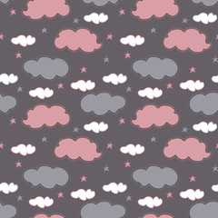 Baby vector seamless pattern. Hand drawn white and pink clouds and stars on gray background. Template for desing, textile, wallpaper, wrapping, cover, web site, card, banner, ceramic tile.