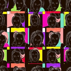 Abstract art vector seamless pattern. Hand drawn photo negative. Selfie girl face and colorful frames. Template for design, textile, wallpaper, cover, card, carton, banner, print.