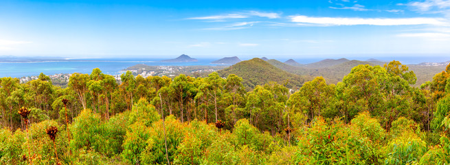 Wide panoramic view from the Gan Gan lookout at Nelson Bay, New South Wales, Australia