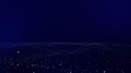 dark blue digital abstract background with wave particles, glow sparkles and space with depth of...