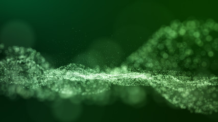 dark green digital abstract background with wave particles, glow sparkles and space with depth of field. Particles form lines, surface and grid.