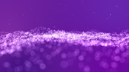 Digital purple abstract background with sparkling wave particles and areas with deep depths....