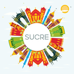 Sucre Bolivia City Skyline with Color Buildings, Blue Sky and Copy Space.