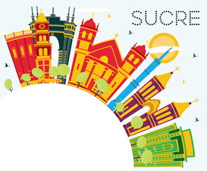 Sucre Bolivia City Skyline with Color Buildings, Blue Sky and Copy Space.