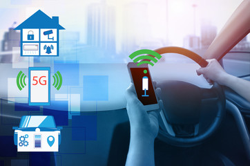 Internal view and automatic self command driving with smartphone connection smart homes control ,Electric smart car technology and right empty space for text.