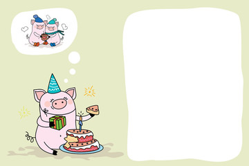 Banner or card with Funny and cute pig with cake,