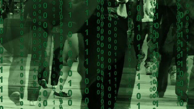 Montage of crowds of people walking in the city with binary computer code