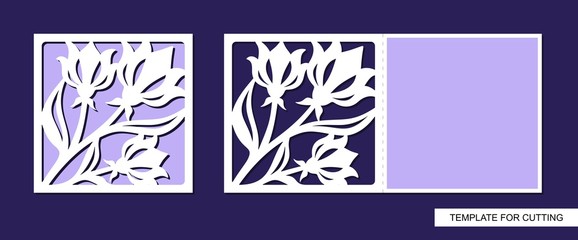 Silhouette of greeting card with flowers. Template for laser cutting, die or paper cut. Can used for wedding invitation, birthday, valentines day, Easter or Womens day. Floral ornament. Vector.