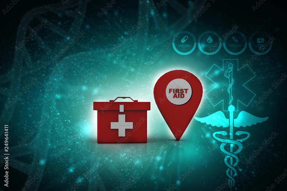 Poster 3d rendering first aid kit with navigation