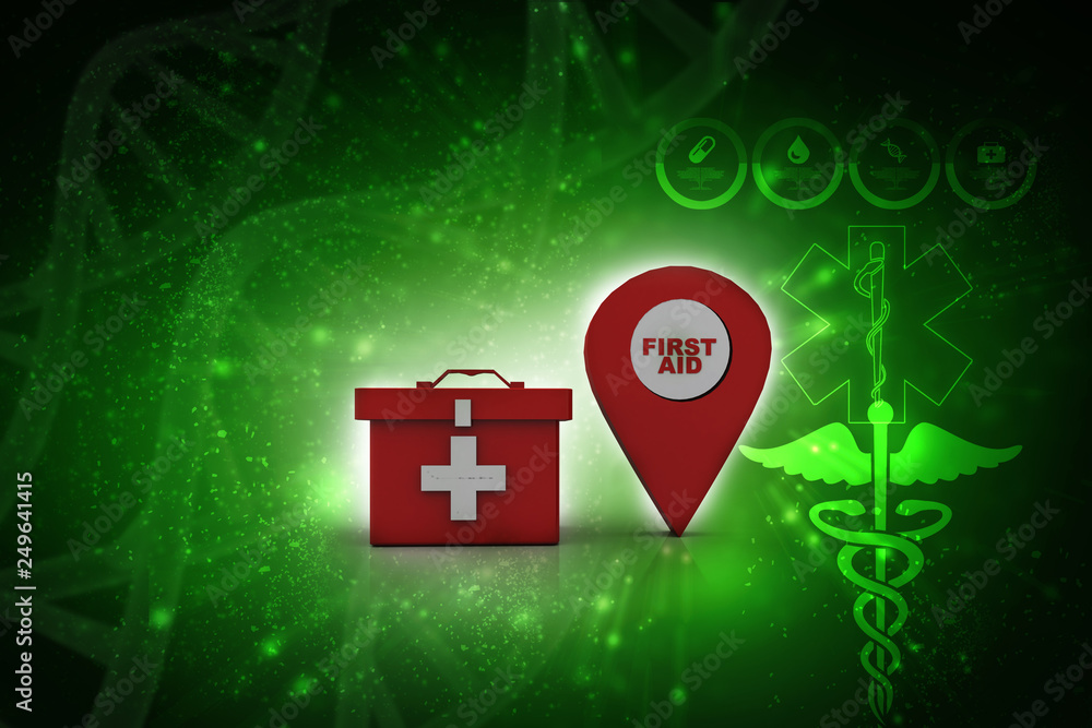 Poster 3d rendering first aid kit with navigation