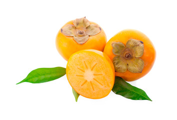 Tropical fruit persimmon. Kaki with leaves on white background.