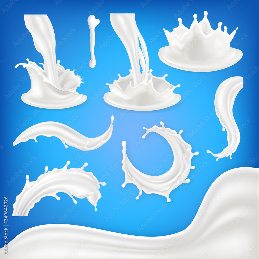 Sticker Milk Splash Set Vector. White Wave, Drop, Blots Liquid. Food Drink Natural Eco Healthy Product. Pouring Product Design Element. 3D Realistic Illustration