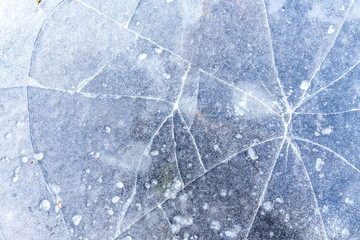 thin layer of ice on the pond surface with cracks texture background