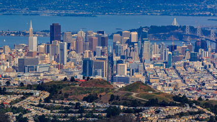 Aerial view of downtown San Francisco and Financial District skyline with Twin Peaks in the foreground, circa 2015