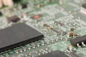 Electronic circuit board close up. Microchips and other components