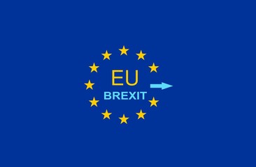 EU, UK. Illustration with blue background banner. Poster of the separation of the United Kingdom from the European Union. A BREXIT concept with a directional arrow indicating the exit. Withdrawal.