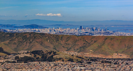 Aerial view of downtown San Francisco and Financial District sky scrapers flying over South San...