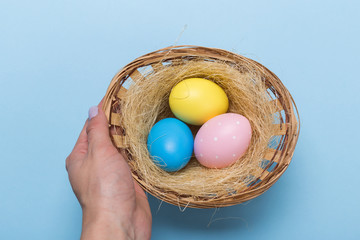 Colorfull easter eggs in nest on blue pastel color background with space.