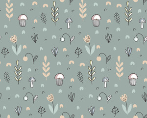 Materiał do szycia Vector seamless pattern with hand drawn berries, plants, flowers, mushrooms.