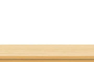 Empty brown wood table top isolated on white background. Template mock up for display of product
