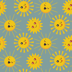 Vector seamless pattern with cute smiling sun faces.