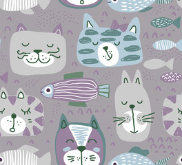 Vector seamless pattern with hand drawn colorful cat faces and graphic fishes.