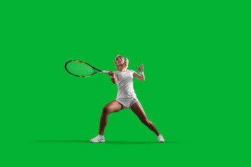 Fototapeta na wymiar Girl tennis player on green background.