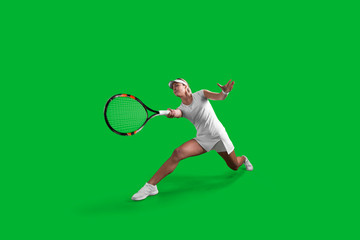 Girl tennis player on green background.