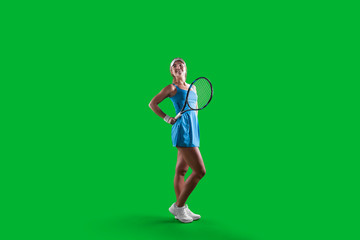 Plakat Girl tennis player on green background.