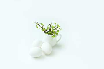 happy Easter eggs and branch white  background 