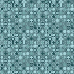 Geometric seamless pattern. The elements have round shape and different color, arranged on teal. Useful as design element for texture and artistic composition.