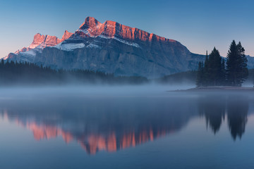 The mountain views when you are in Two Jack Lake campground of Banff National Park in Alberta,...