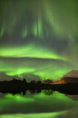 Northern lights in Lofoten islands, Norway. Green Aurora borealis. Starry sky with polar lights. Night winter landscape with aurora, sea with sky reflection, rocks, beach and snowy mountains. 