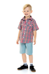 A cute little boy in a shirt and shorts.
