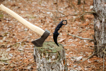axe and karambit knife suck in the stump in the forest