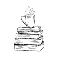 Hand drawn illustration of books and cup of coffee in sketch style