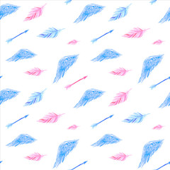 Seamless pattern with watercolour hand painted objects. Bright retro style abstract background in pink and blue color. Perfect for textile fabric, decorative paper or website wallpaper.