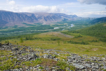 Sunny August day in mountains of Polar Ural. View of the valley of the Sob river