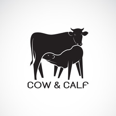 Vector of cow and calf on white background.  Farm Animal. cow Icon or logo. Calf is sucking the cow's milk. Easy editable layered vector illustration.