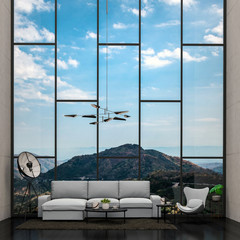 Interior living room and mountain landscape. 3D rendering