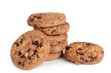 Chocolate chip cookies on white table background.