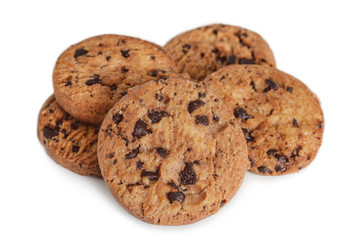 Chocolate chip cookies on white table background.