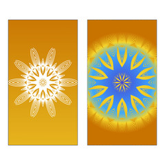 Yoga Card Template With Mandala Pattern. Vector illustration. Blue, yellow, white color. For Visit Card, Business, Greeting Card Invitation. Islam, Arabic, Indian, Mexican Ottoman Motifs.