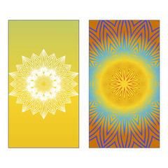 Yoga Card Template With Mandala Pattern. Vector illustration. Blue, yellow, white color. For Visit Card, Business, Greeting Card Invitation. Islam, Arabic, Indian, Mexican Ottoman Motifs.