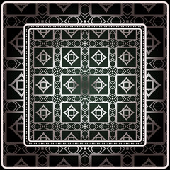 Background, Geometric Pattern With Ornate Lace Frame. Illustration. For Scarf Print, Fabric, Covers, Scrapbooking, Bandana, Pareo, Shawl. Silver. dark grey, green color color