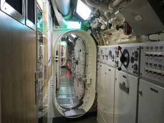 interior of an old submarine in the harbor of Den Helder