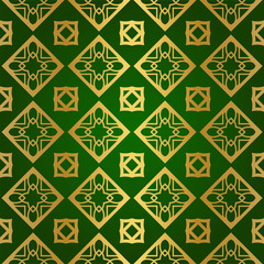 Luxury Seamless Geometrical Linear Texture. Original Geometrical Puzzle. Backdrop. Vector illustration. Green gold color. Design For Prints, Textile, Decor, Fabric.