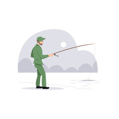 Fisherman Holding Fishing Rod, Male Fisher Character Vector Illustration